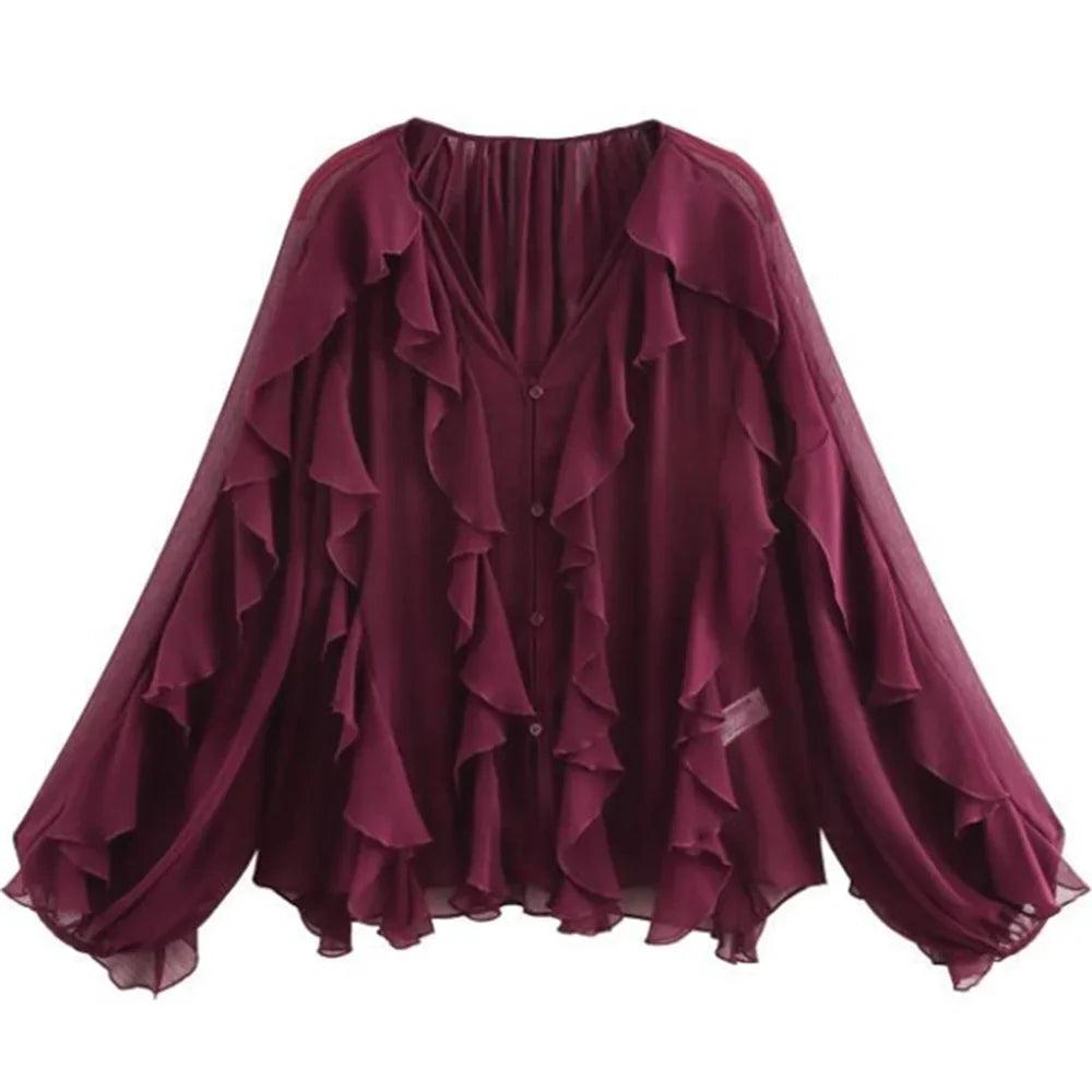 Women's Retro Loose V Neck Layered Casual Shirt Lightweight Temperament Blouse for Spring