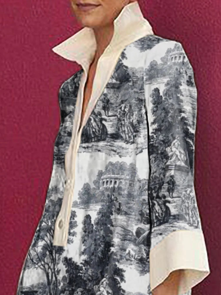 Casual Long Sleeve Printed Lapel Shirt Dress Mini Length