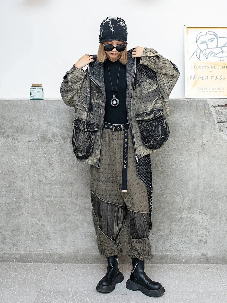Vintage Denim Two Piece Women's Jacket and Pants Set with Hooded Coat and Casual Mesh Pants