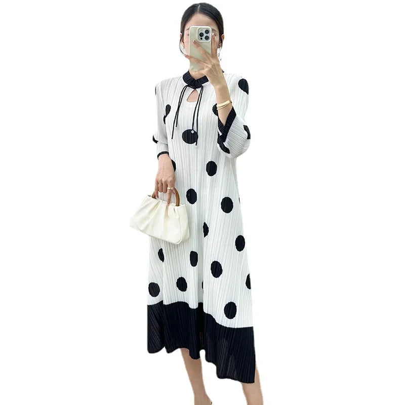 Polka Dot Pleated Dress for Women with Stand Collar