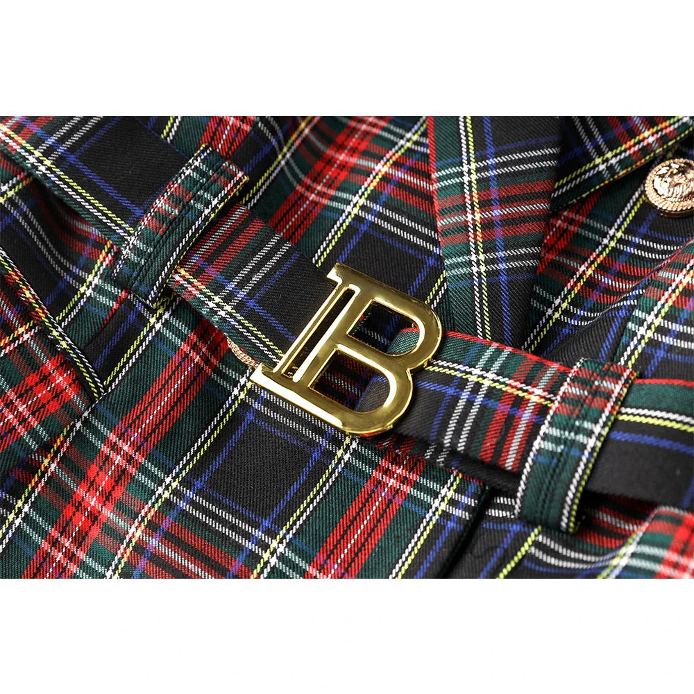 Black Red Plaid Blazer Dress With Belt For Office Women