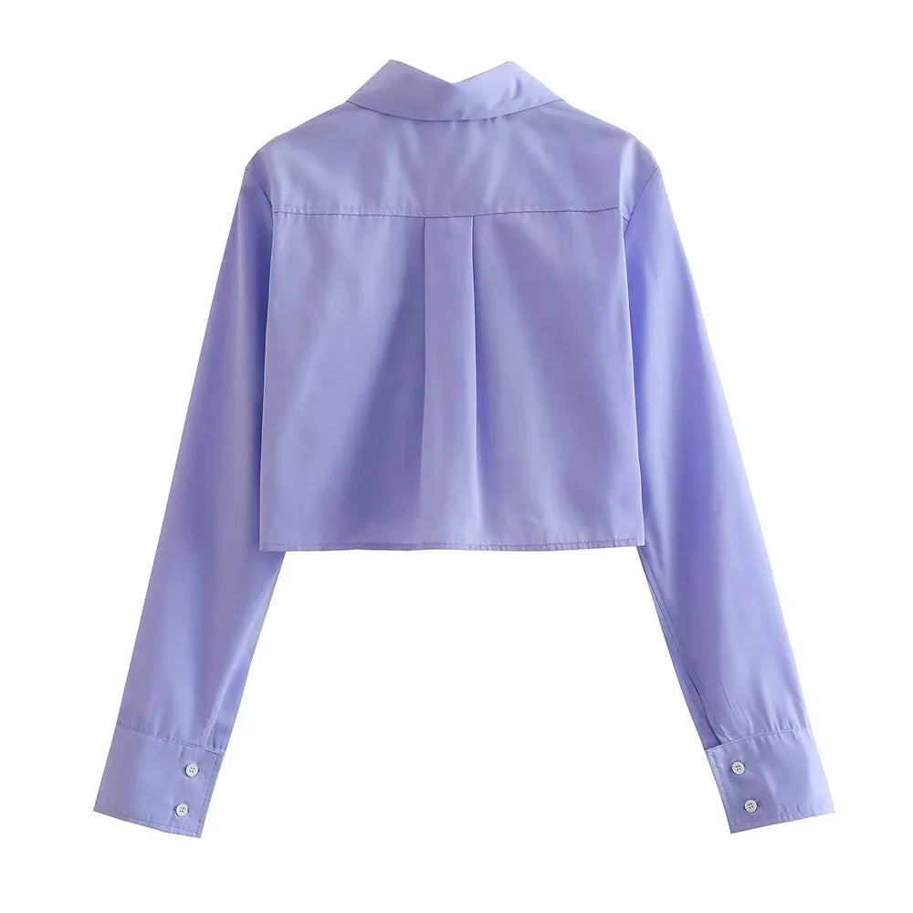 Women's Vintage Loose Cropped Shirt Long Sleeve Front Button Blouse Chic Casual Top