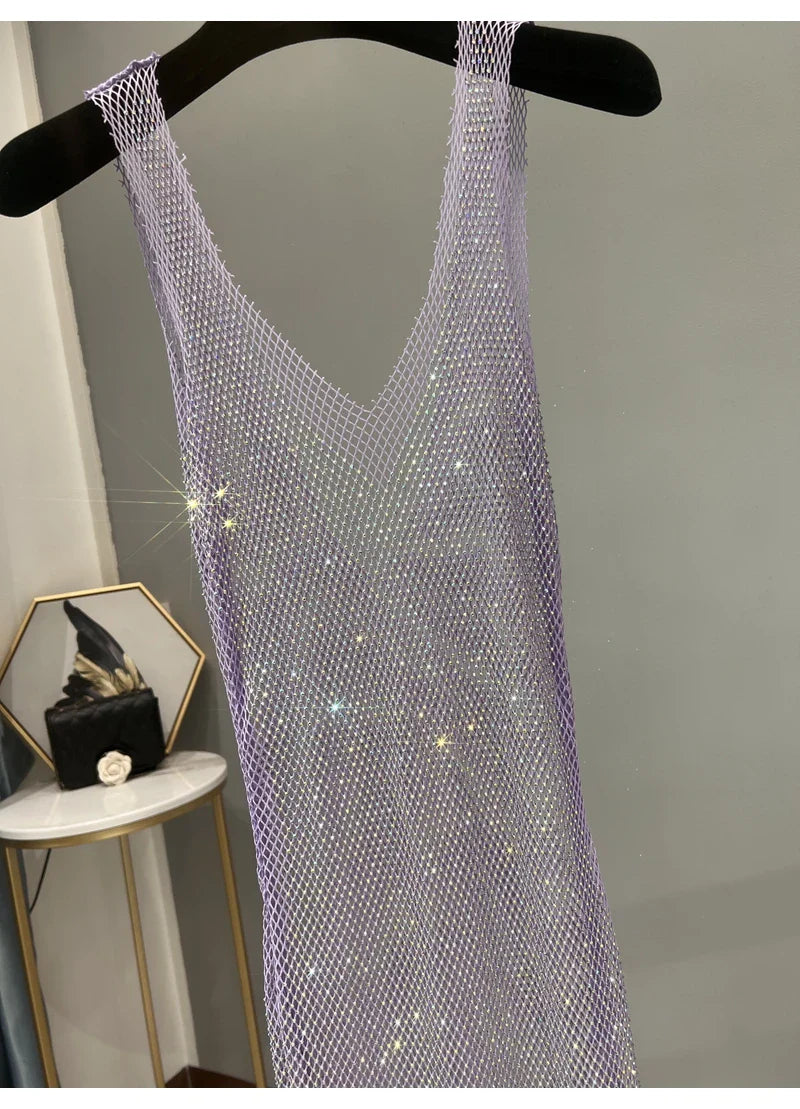 Rhinestone Party Dress Deep V Neck Mesh Club Wear For Women