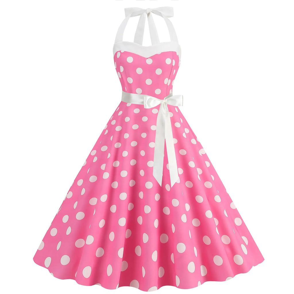 Ladies Vintage Polka Dot Backless Lace Up Swing Dress