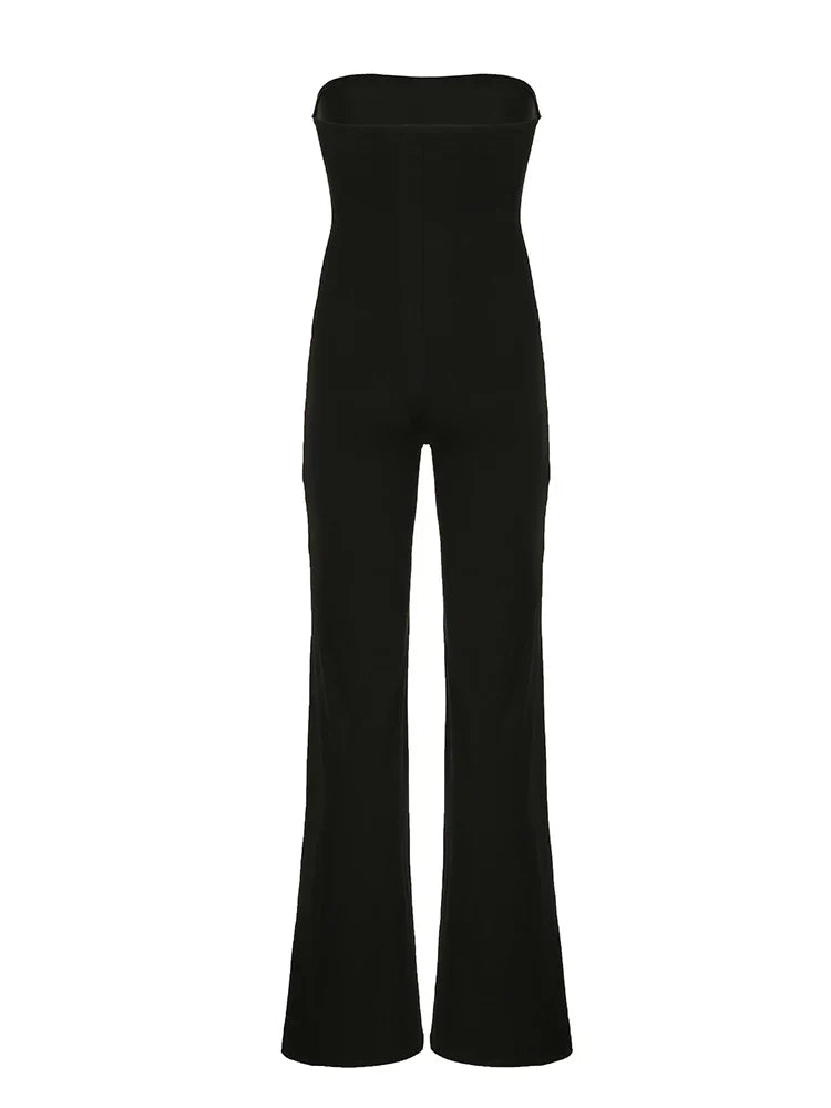 Black Strapless Elegant Long Jumpsuit for Women Slim Fit Wide Leg Flared Rompers Stylish Vacation Overalls