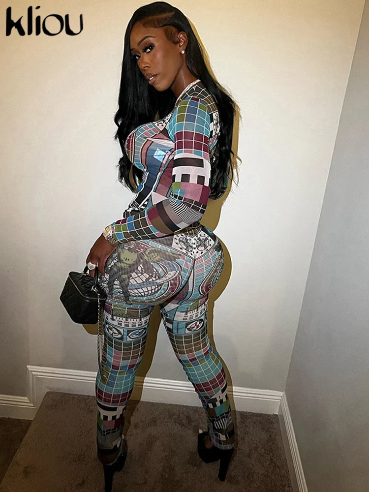 Aesthetic Print Women 2 Piece Set Vintage Hipster Autumn O-neck Full Sleeve Tops and High Waist Pants Clubwear