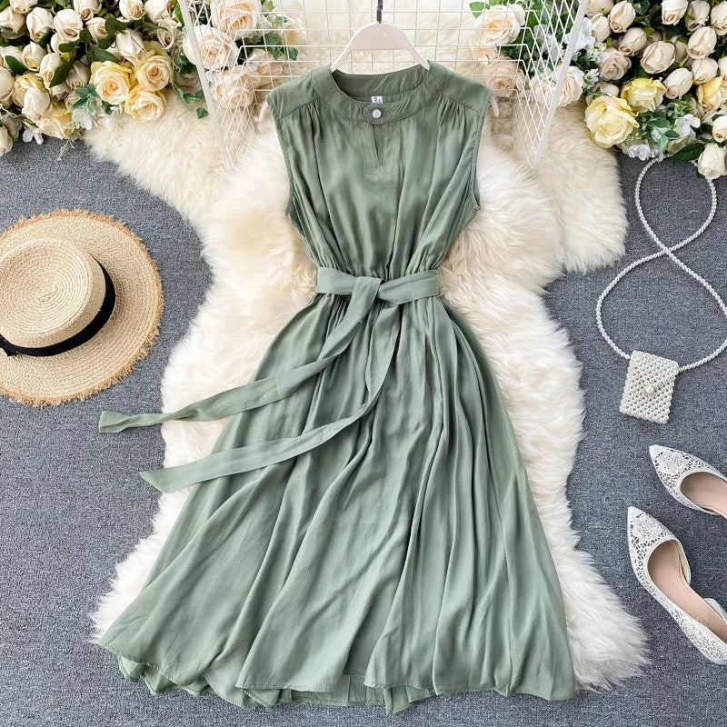 Sleeveless Summer Dress Solid Colors Green Blue Yellow Casual