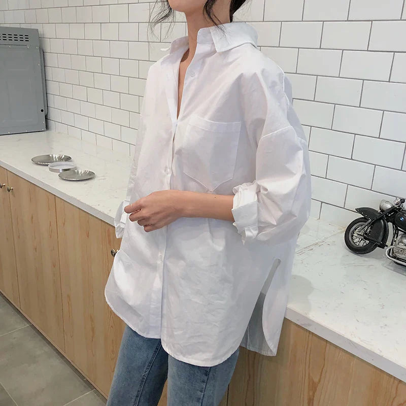 Elegant Cotton White Women Blouse Long Sleeve Vintage Loose Casual Shirt for Autumn and Spring