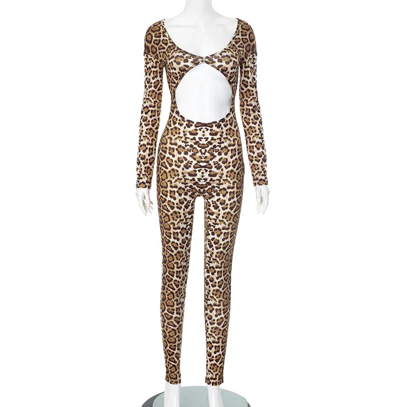 Leopard Print Long-Sleeved Crop Top with High-Waisted Trendy Jumpsuit Sexy Chic Stylish Outfit for Women