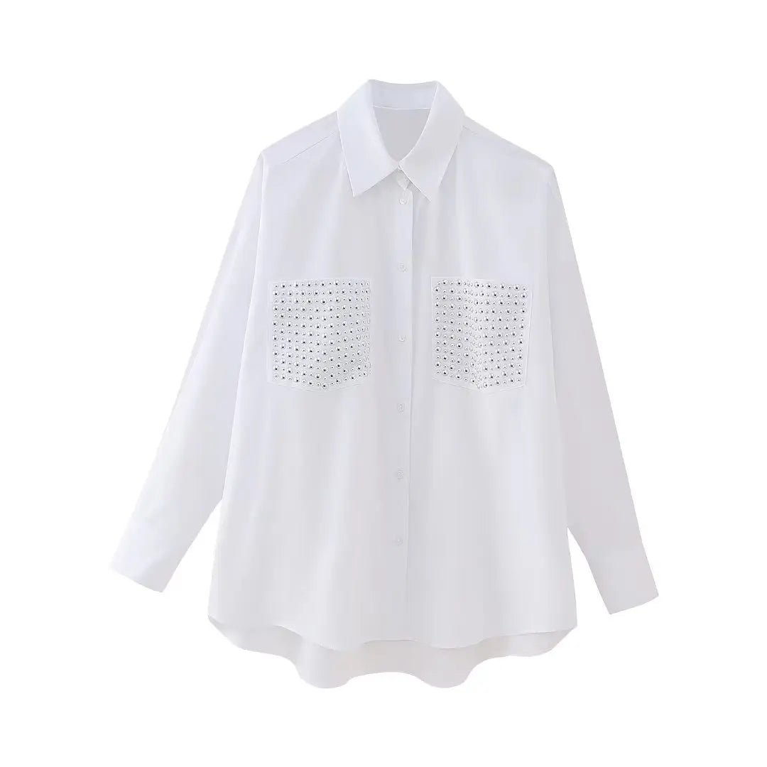 Women's Casual Lapel Collar Single Breasted Blouse with Pockets and Rivet Detail Long Sleeve Shirt