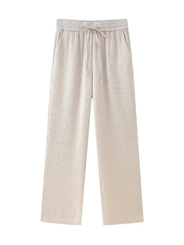 Chic Women's Two Piece Set with Solid Double Breasted Blazer and Vintage Elastic Waist Trousers for Effortless Style