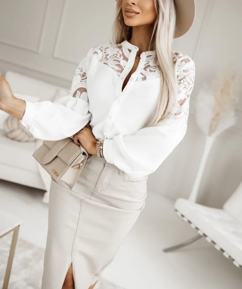 Women Turn Down Collar Lace Patch Blouse with Beaded Detail and Long Lantern Sleeves Casual Button-Up Top