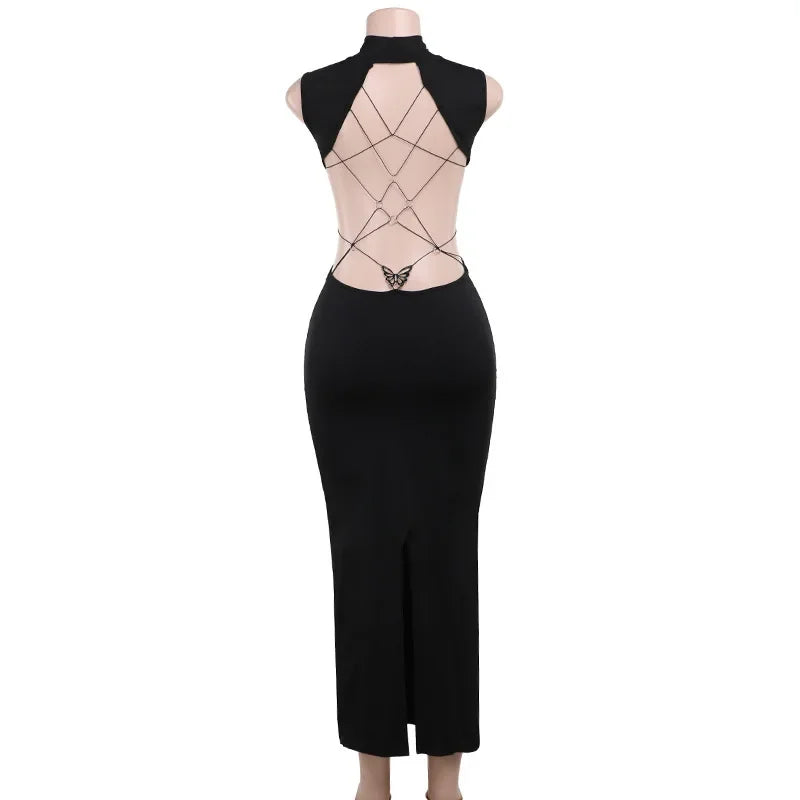 Backless Butterfly Bodycon Maxi Dress for Party Evening