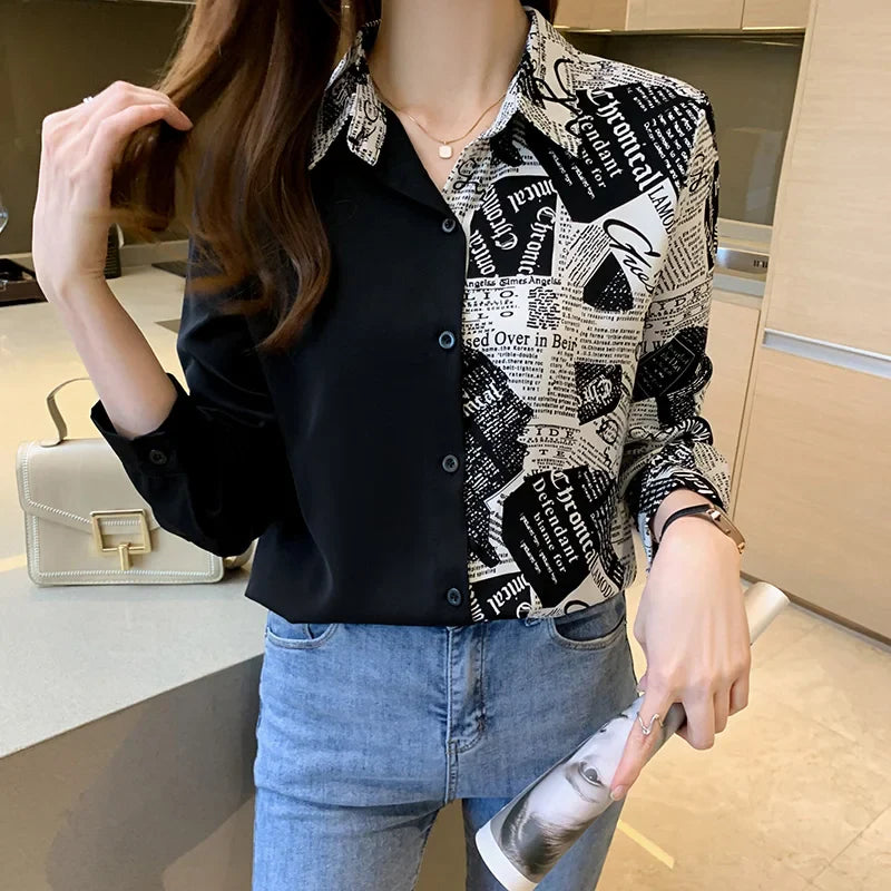 Womens Long Sleeve Contrast Letter Print Shirt Turn-Down Collar Button Up Blouse Lightweight Spring Summer Fashion Top