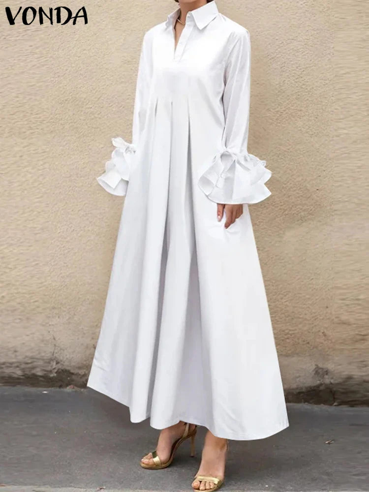 Bohemian Maxi Shirt Dress With Ruffle Pleats Long Sleeve