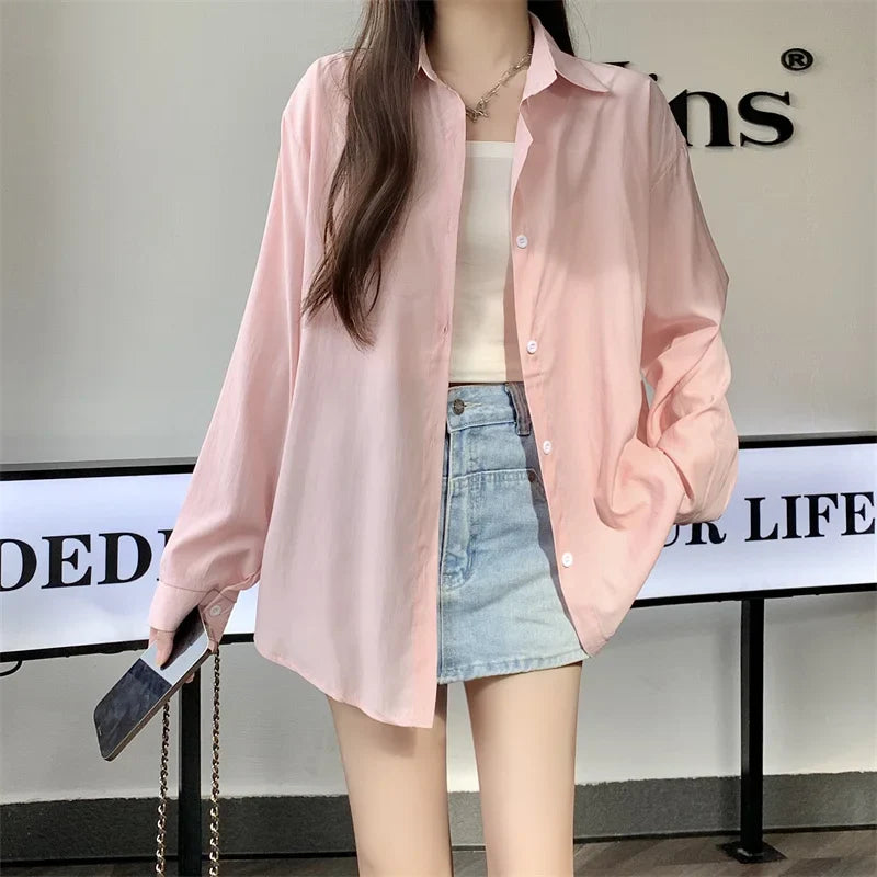 Silky Oversize Button Down Shirt for Women Long Sleeve Boyfriend Blouse Lightweight Summer Cover Up Casual Teen Girl Outfit