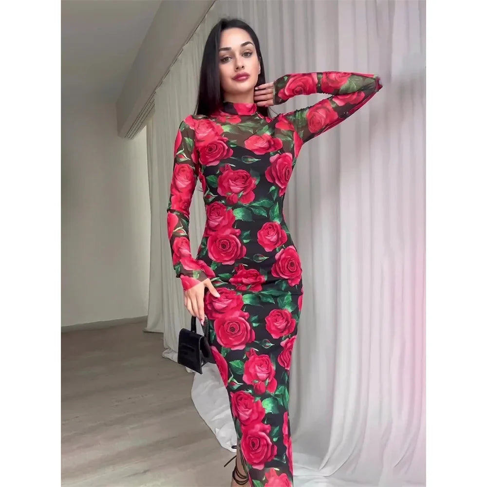 Printed Long Sleeve Dress For Women Vintage Retro Style
