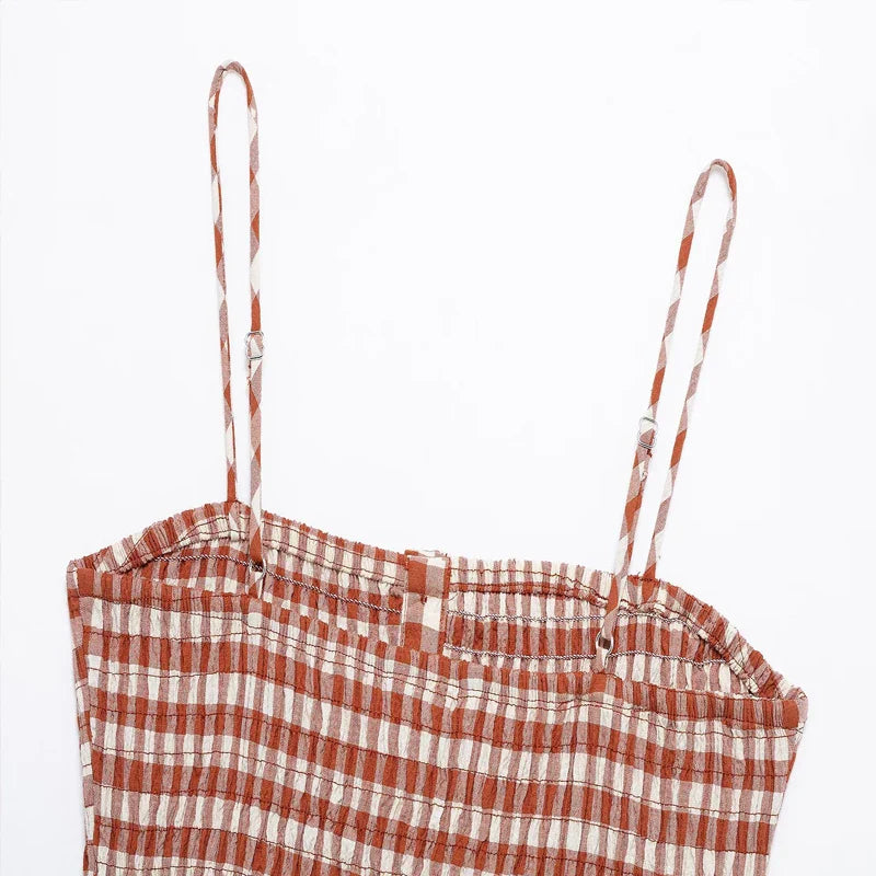 Women's Plaid Halter Crop Top with Backless Design and High Waist Vintage Maze Pattern Skirt Set