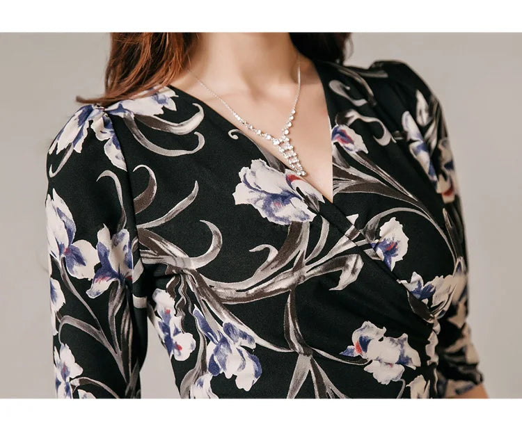 V-Neck Pencil Dress for Women Vintage Print Office Wear