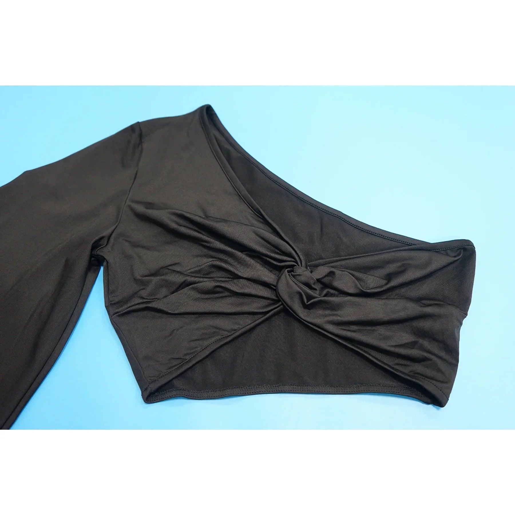 Women's Ruched One Shoulder Sleeve Crop Top and Wide Leg Pants Two Piece Set Outfit