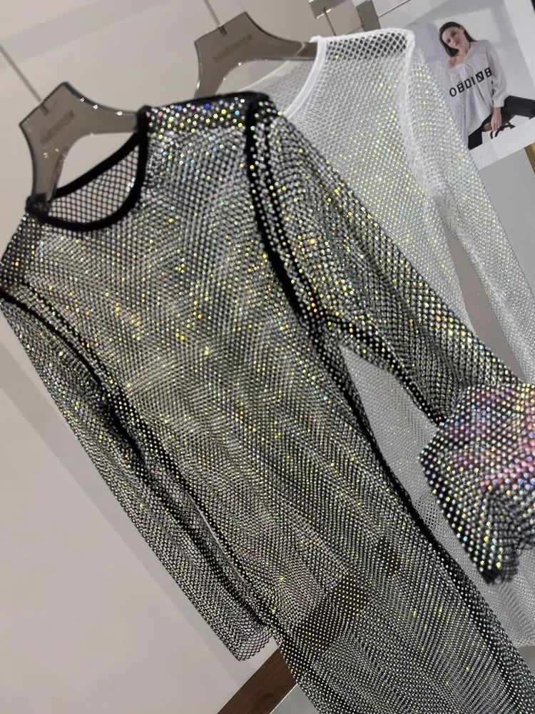 Colorful Sequin Diamond Dress Round Neck Midi Hollow