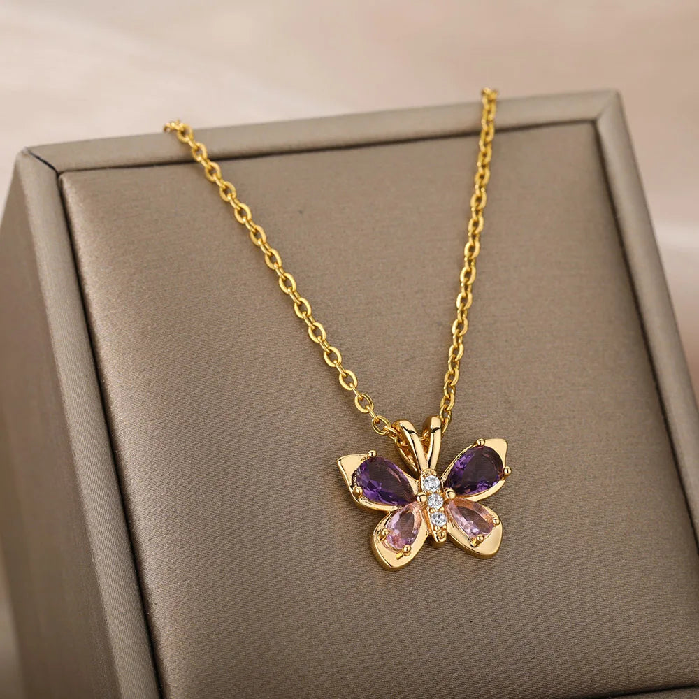 Cute Butterfly Necklace for Women with Purple Zircon Crystal Aesthetic Choker Jewelry