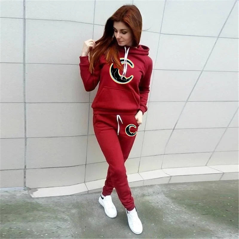 Women's Celestial Cat Print Sweatshirt Hoodie and Pants Casual Sportswear Two Piece Set