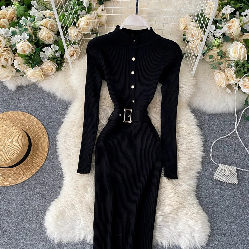 Womens Winter Knitted Dress Stand Collar With Sash Belt
