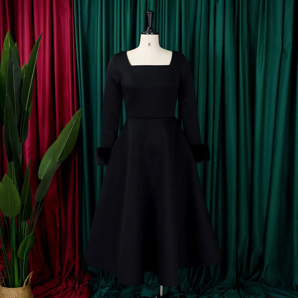 Square Neck Party Dress Women Pleated A Line Mid Calf