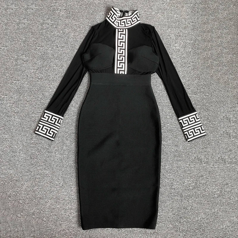 Black Mesh Bandage Dress for Women Long Sleeve Bodycon