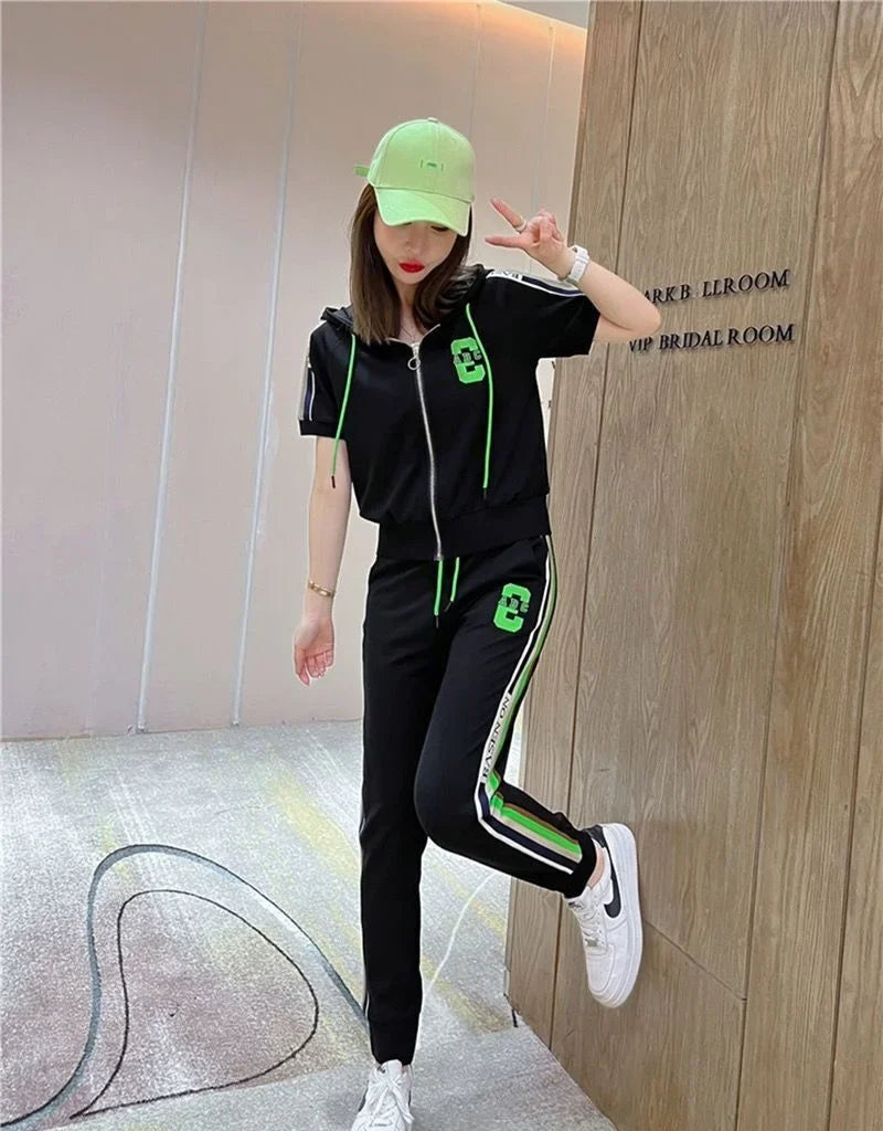 Women's Casual Loose Fit Tracksuit Set with Short Sleeve Hooded Top and High Waist Pants