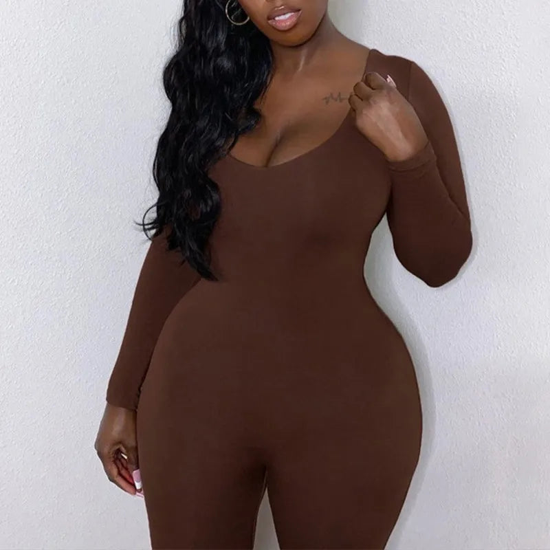 Women's Black Long Sleeve Bodycon Jumpsuit Slim Fit Sexy Solid Romper Casual Sporty Skinny Streetwear for Autumn Winter