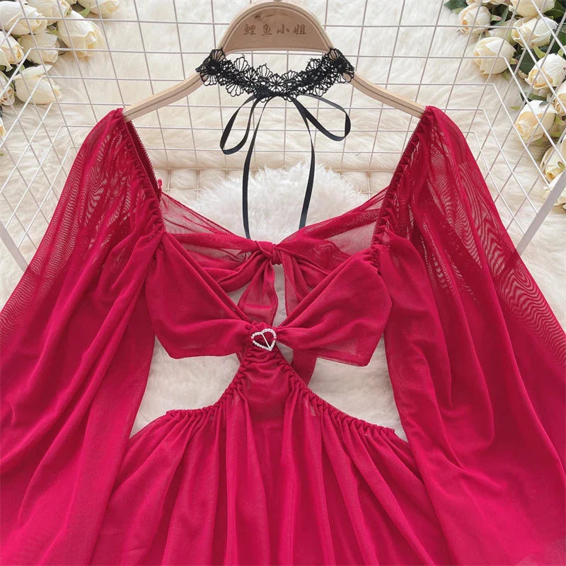 Two Piece See Through Mesh Lingerie Set Hollow Out Dress