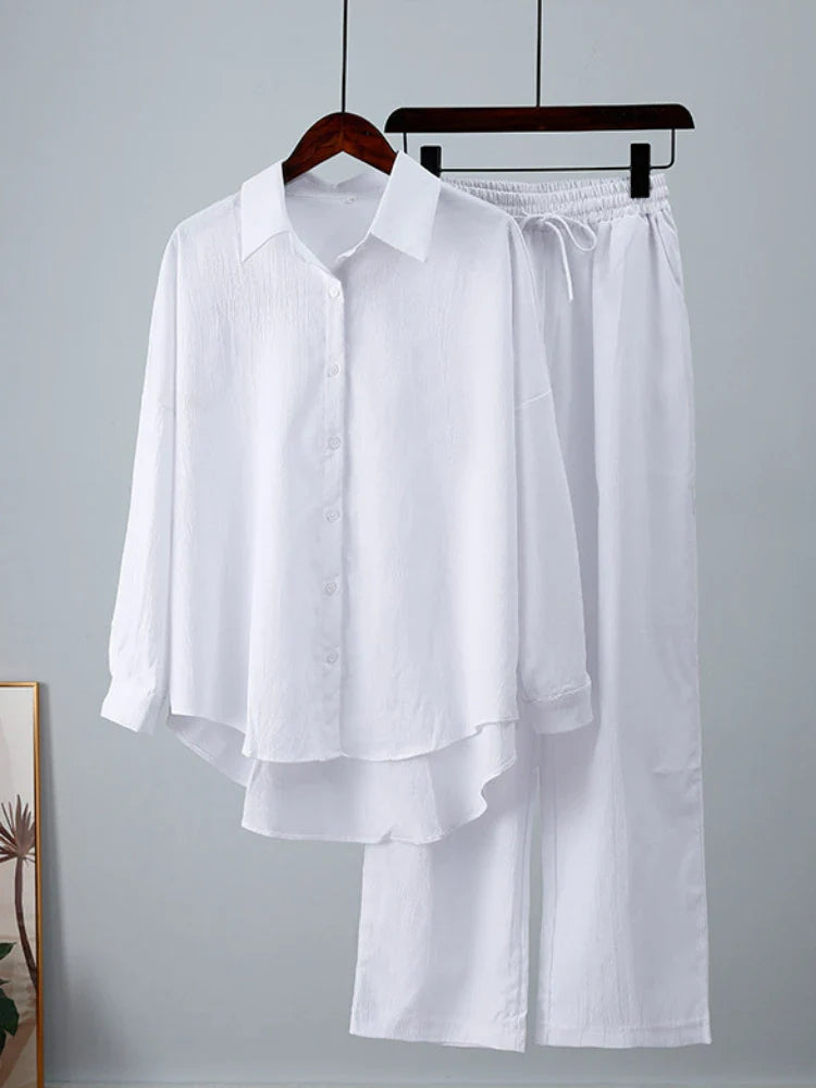 Summer Casual Outfits for Women Loose Long Sleeve Shirt and Wide Leg Pants Two Piece Set