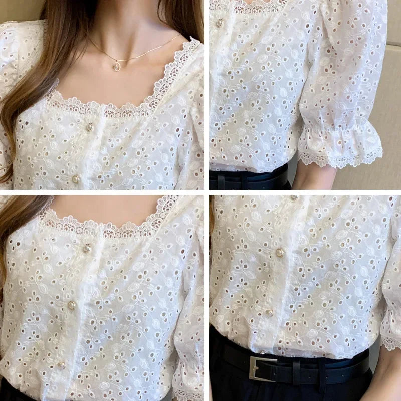 Elegant White Lace Blouse for Women Short Sleeve Square Collar Hollow Out Summer Shirt Chic and Breathable Feminine Top