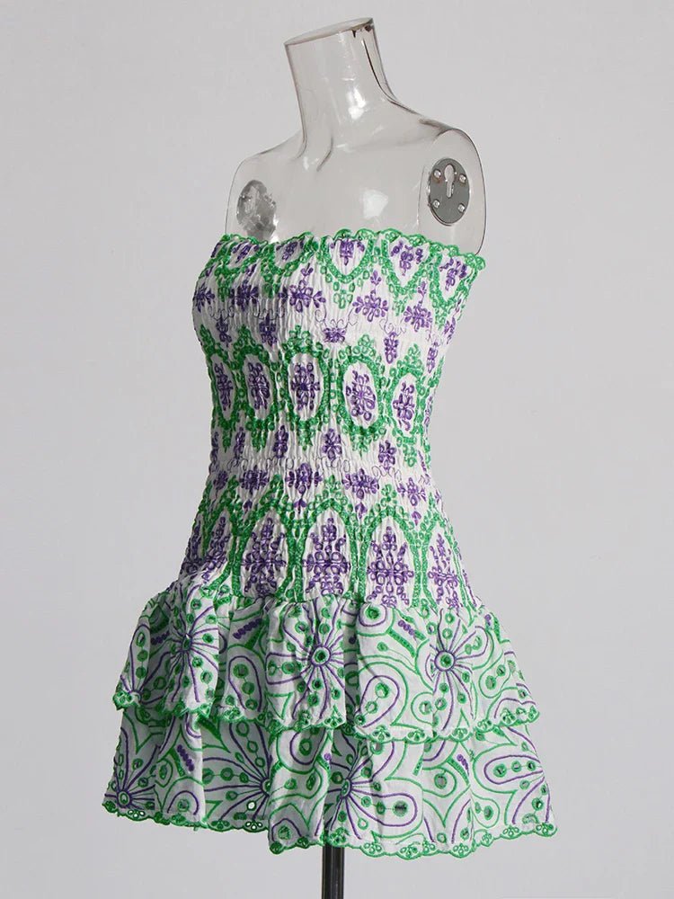 Embroidery Print Strapless Mini Dress Ruffled High Waist