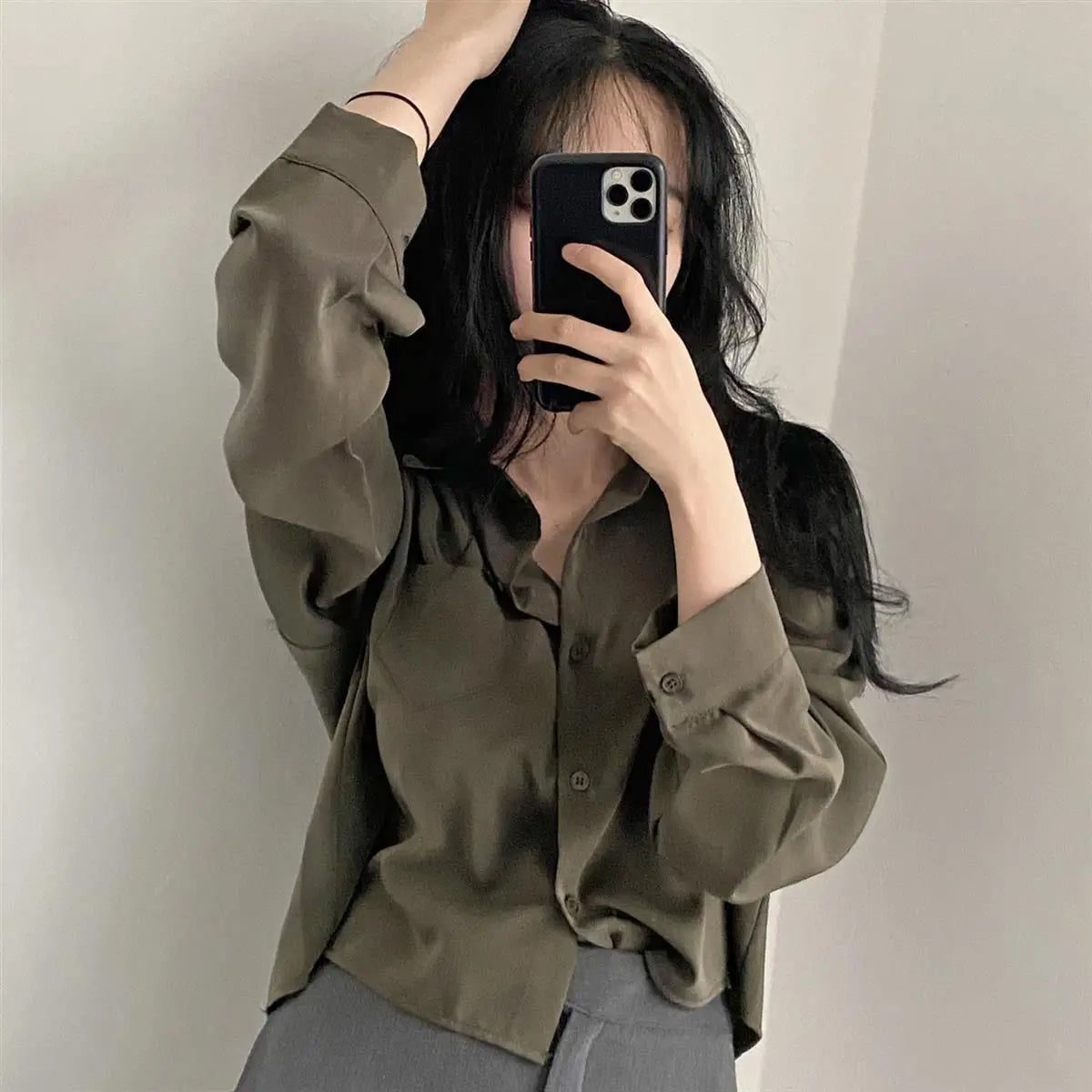 Single Breasted Loose Fit Casual Long Sleeve Shirt Blouse Elegant Solid Color Office Trend Top for Women
