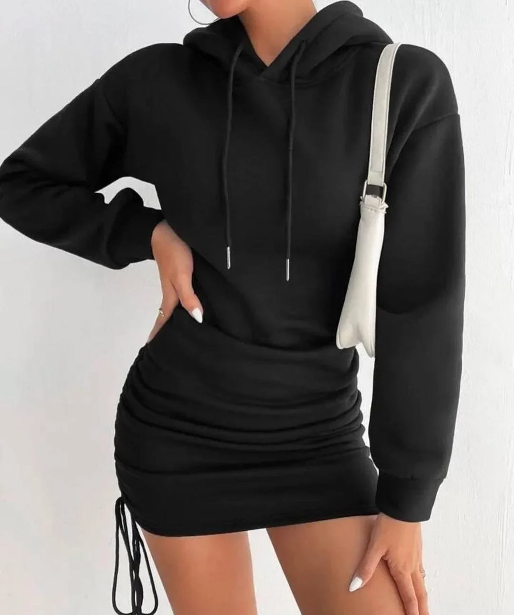 Hoodie Dress With Drawstring Ruched Drop Shoulder For Women
