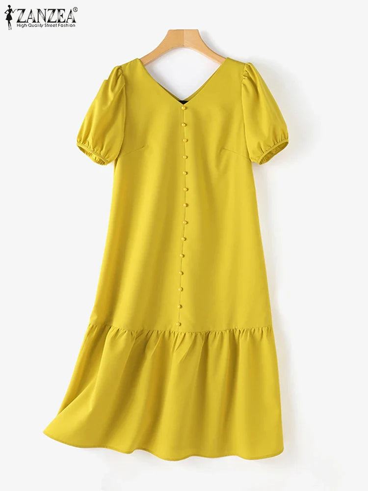 V Neck Puff Sleeve Midi Dress Solid Color Casual Wear