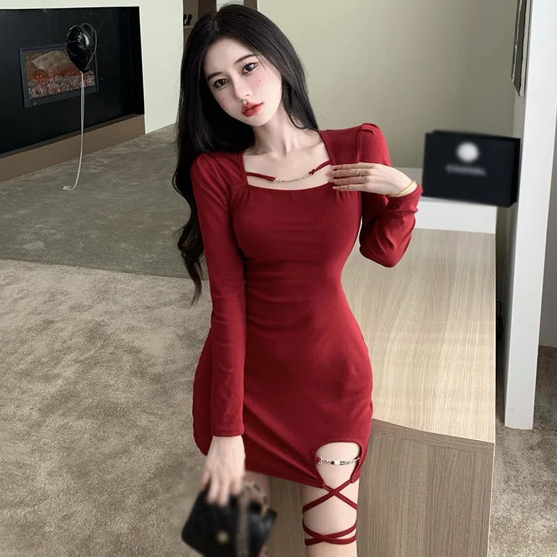 Red Off Shoulder Square Collar Party Dress With Long Sleeve
