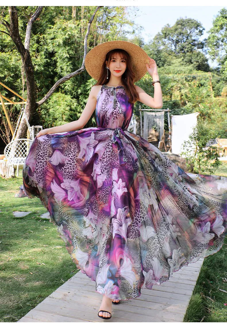 Floral Boho Backless Maxi Dress Women Beach Sundress