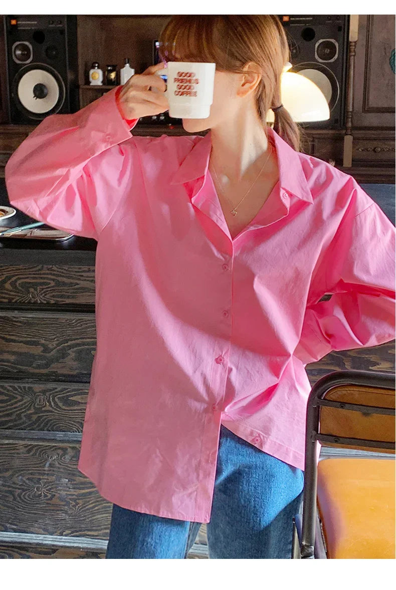 Women's Casual Loose Fit Long Sleeve Lapel Shirt 100 Percent Cotton Pure Color Versatile Layering Top for Spring and Autumn