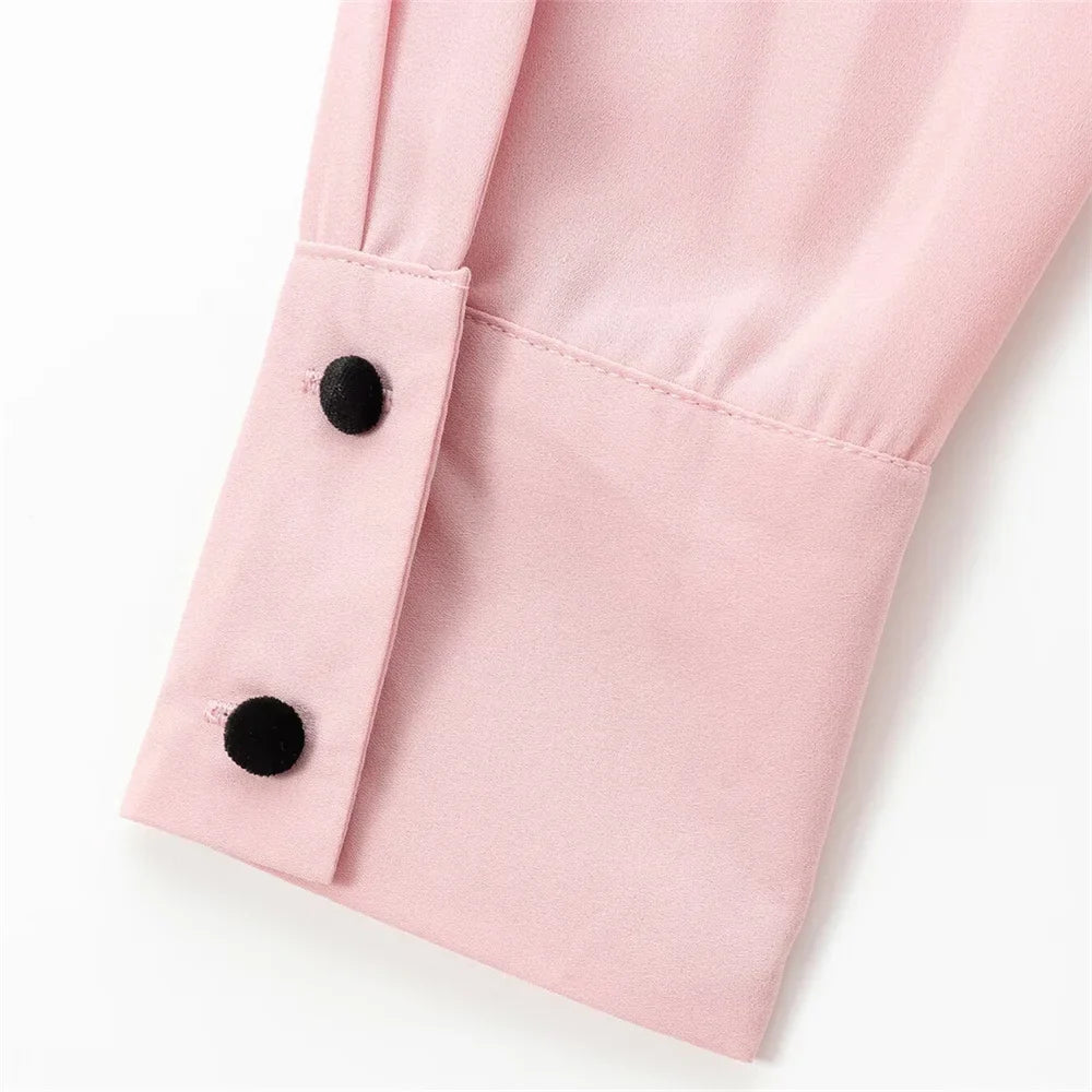 Velvet Bow Accent Single Breasted Flip Collar Long Sleeve Casual Shirt for Women