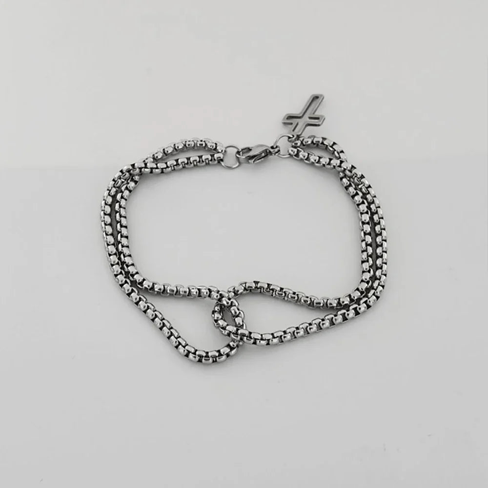 Men's Stainless Steel Skeleton Cross Bracelet with Double Chain and Lobster Claw Clasp for Hip Hop Punk Style Jewelry