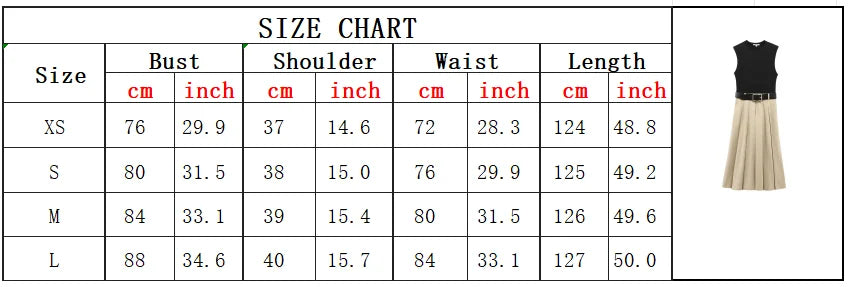 Women Patchwork Pleated Midi Dress Sleeveless Belt O Neck