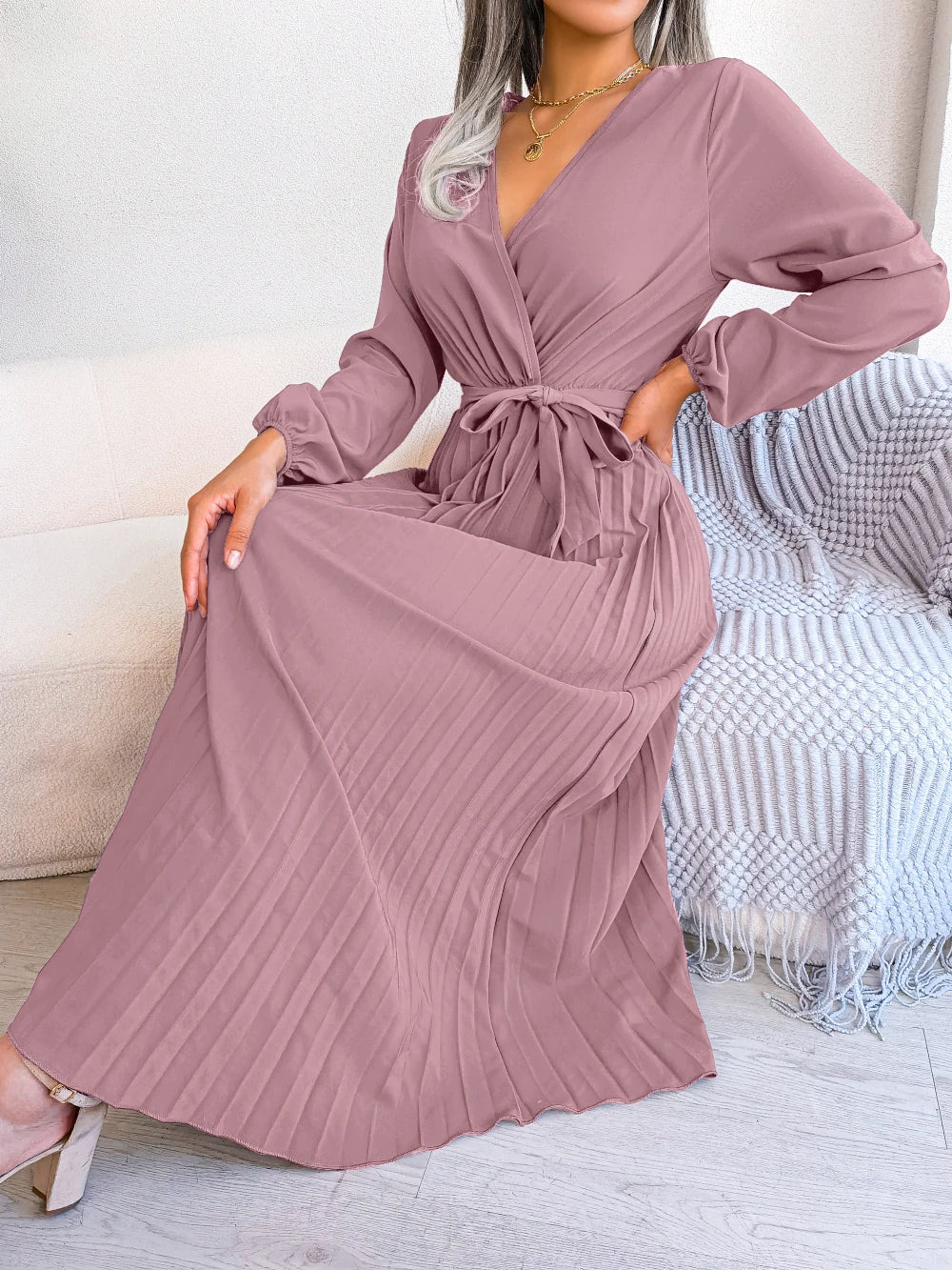 Elegant Surplice Neck Pleated Maxi Dress With Belt Flair