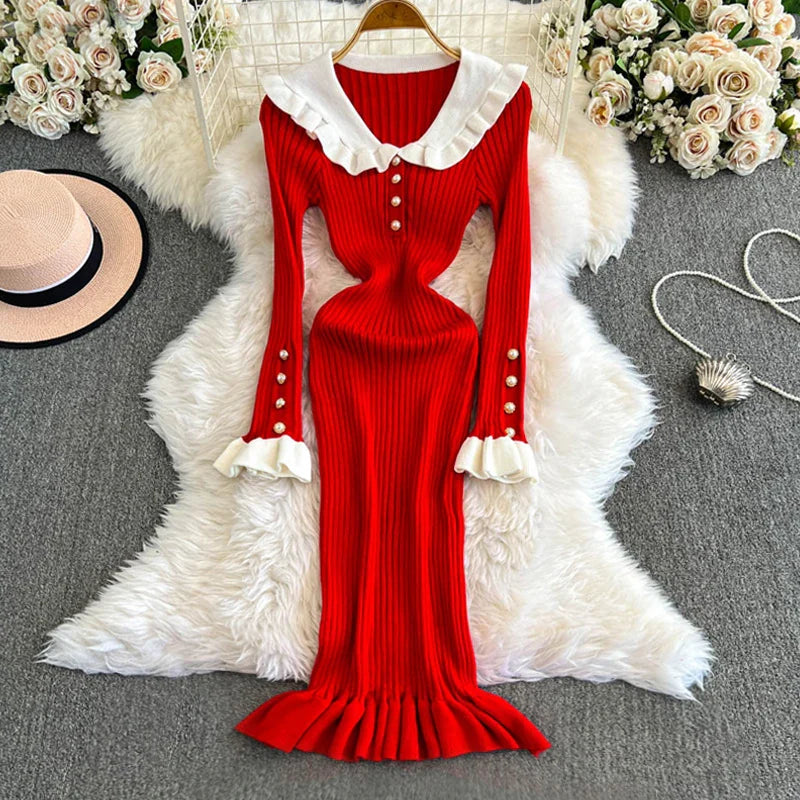 Ribbed Knit Bodycon Dress For Women With Long Ruffles