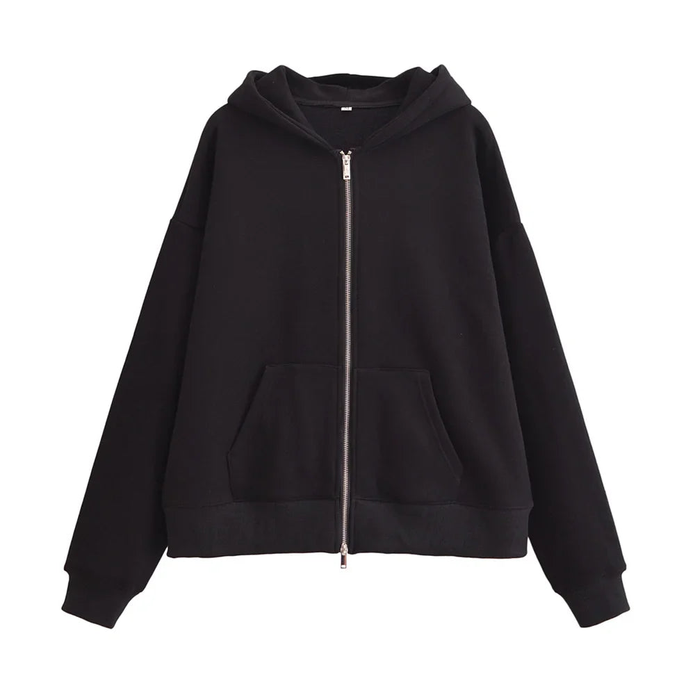 Fashionable Women's Casual Sportswear Jacket and Wide Leg Pants Set with Zipper Decoration