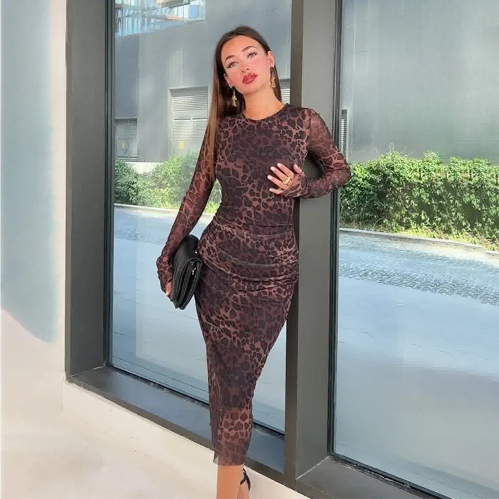 Leopard Print Bodycon Dress Retro Long Sleeve Party Dress