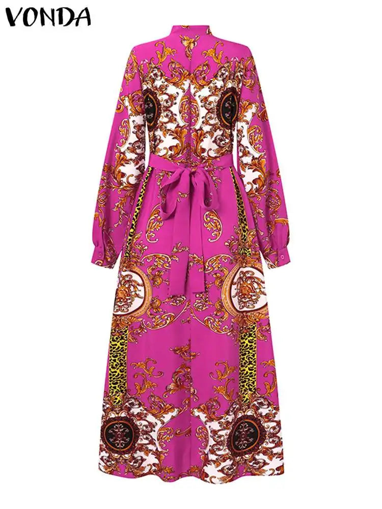 Bohemian Maxi Dress Belted Sundress For Party Long Sleeve